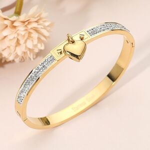 Gold Heart Charm Stainless Steel Metal CZ Crystal Bangle Evening Bracelet